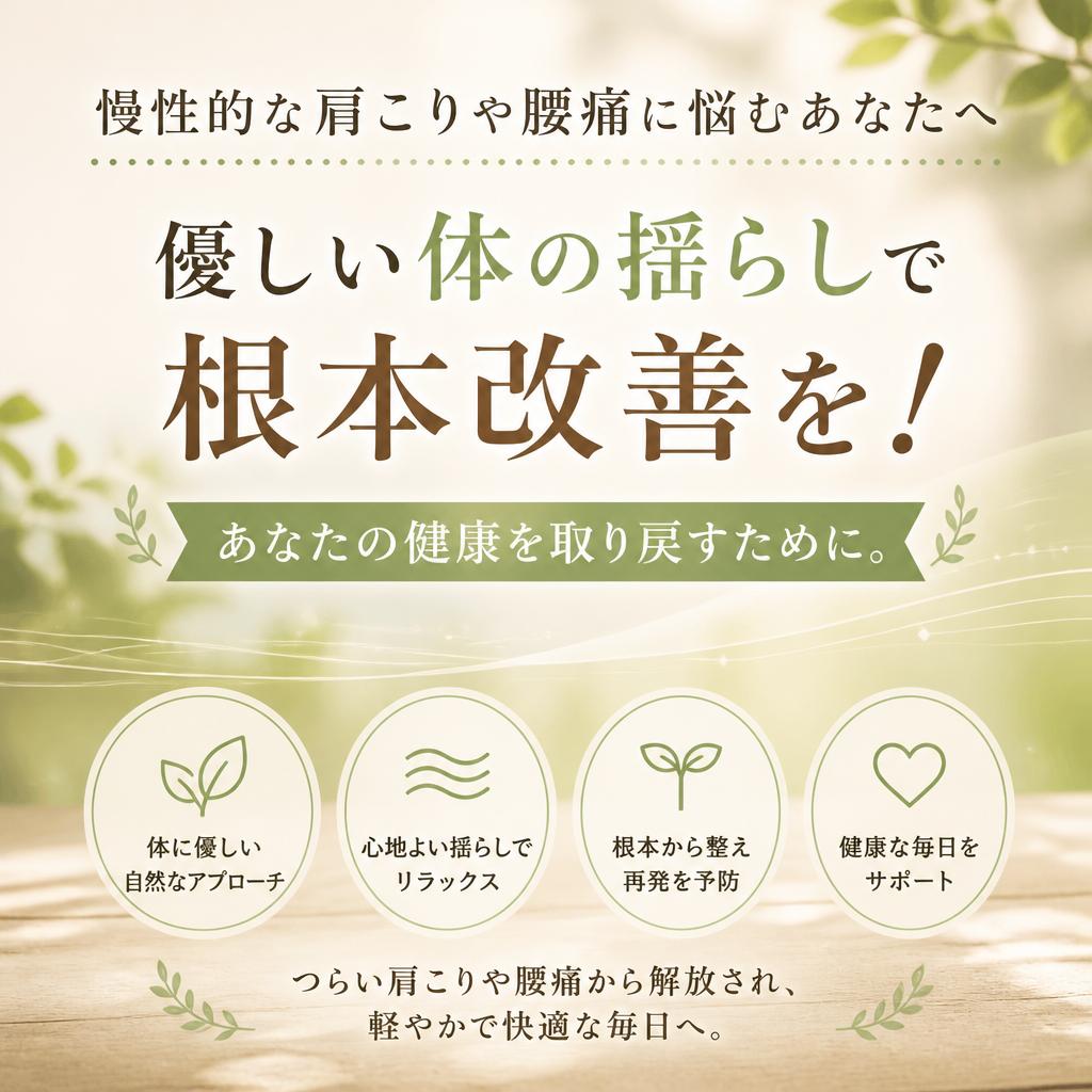 慢性的な肩こりや腰痛に悩むあなたへ、優しい体の揺らしで根本改善を！あなたの健康を取り戻すために。