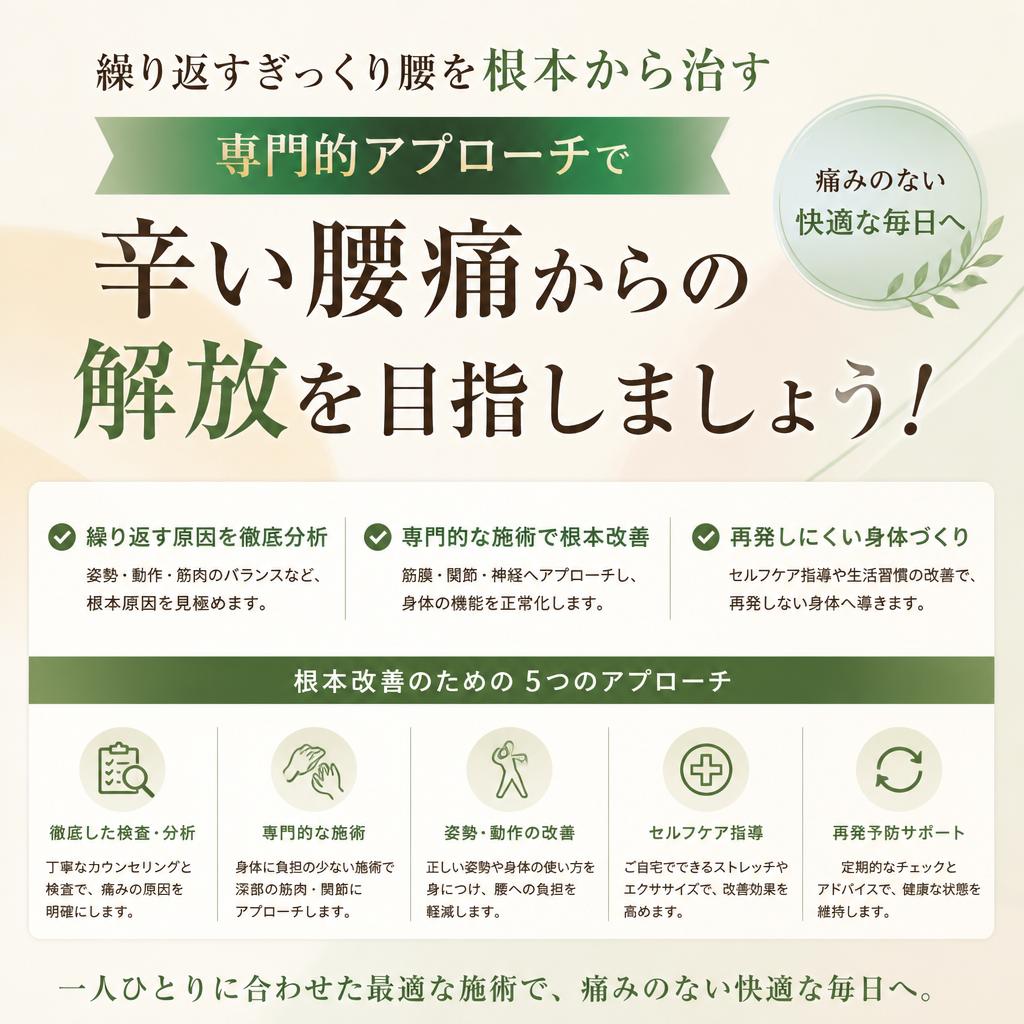 繰り返すぎっくり腰を根本から治す専門的アプローチで、辛い腰痛からの解放を目指しましょう！