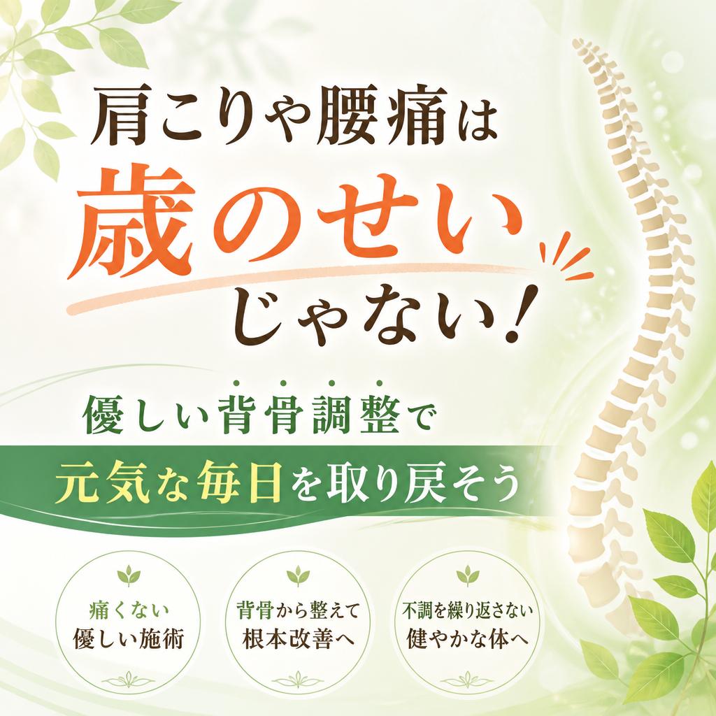 肩こりや腰痛は歳のせいじゃない！優しい背骨調整で元気な毎日を取り戻そう