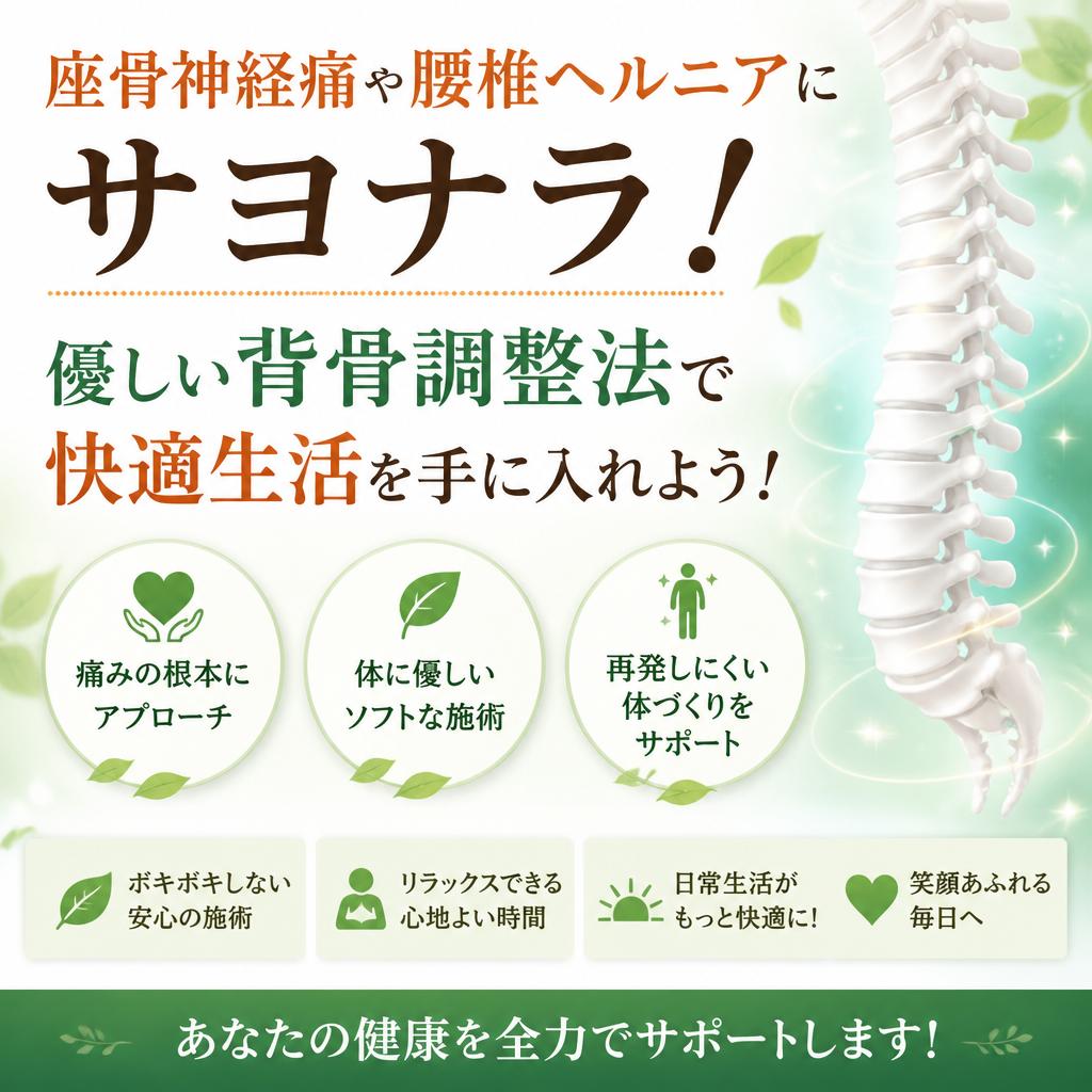 座骨神経痛や腰椎ヘルニアにサヨナラ！優しい背骨調整法で快適生活を手に入れよう！