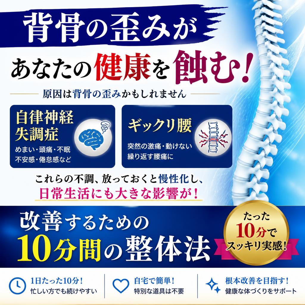 背骨の歪みがあなたの健康を蝕む！江戸川区小岩の自律神経失調症やギックリ腰を改善するための10分間の整体法