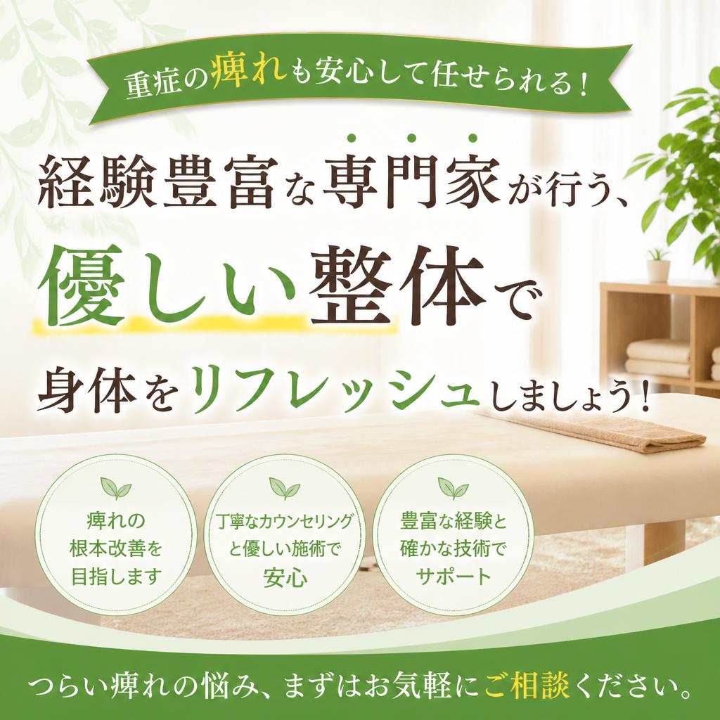 重症の痺れも安心して任せられる！経験豊富な専門家が行う、優しい整体で身体をリフレッシュしましょう！