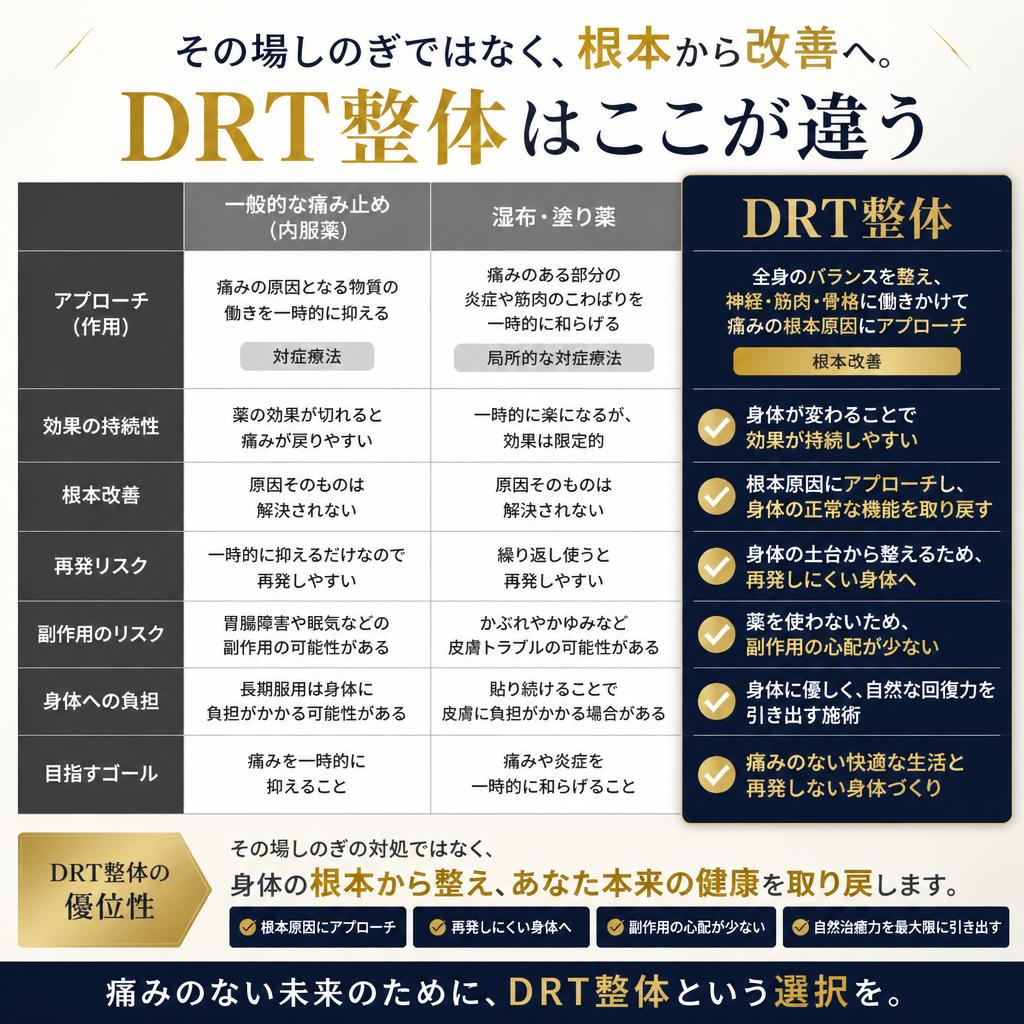 比較: 痛み止めや湿布との違い