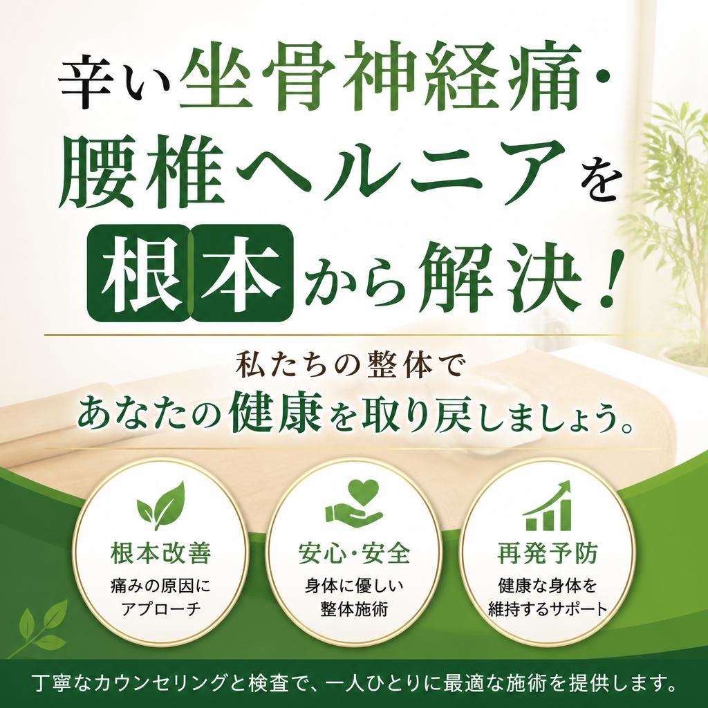 辛い坐骨神経痛や腰椎ヘルニアを根本から解決！私たちの整体であなたの健康を取り戻しましょう。