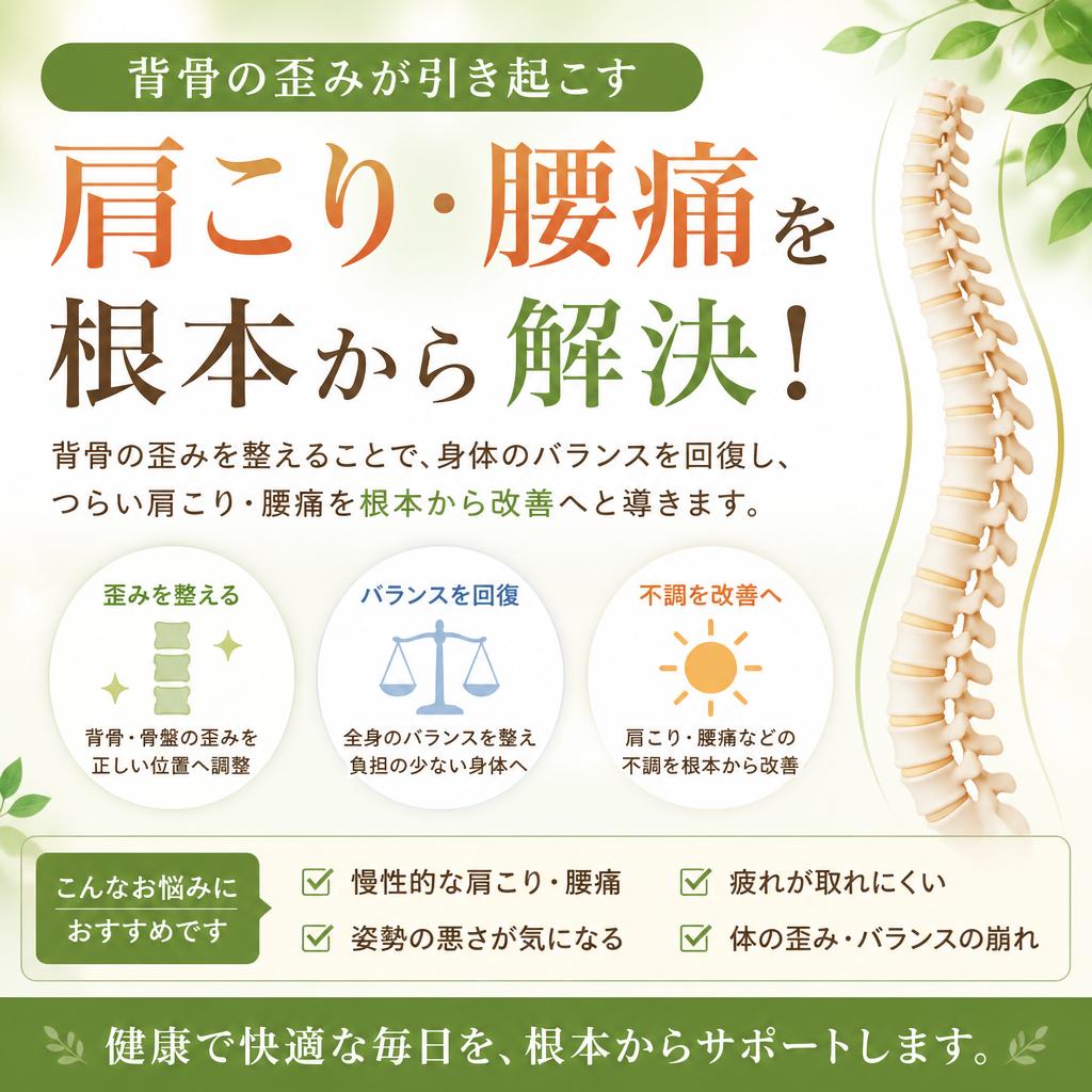 背骨の歪みが引き起こす肩こり・腰痛を根本から解決！