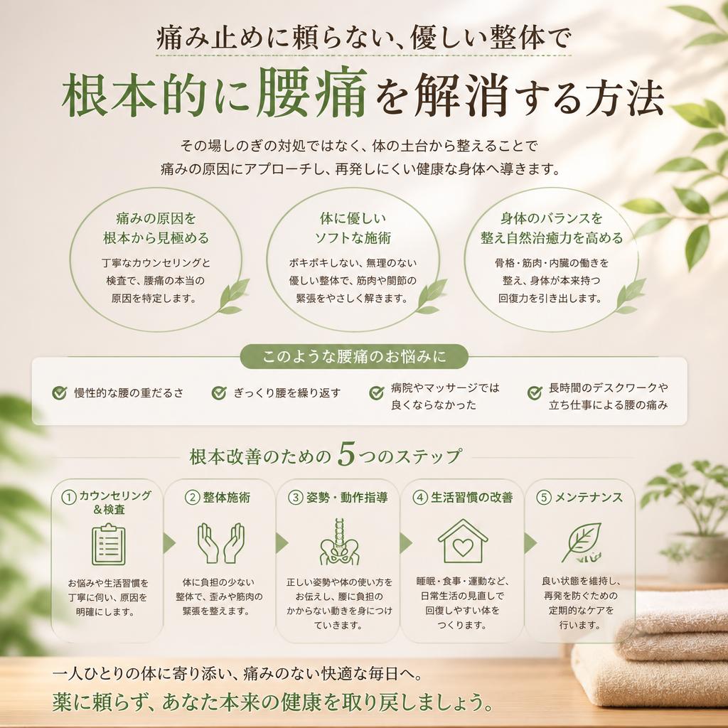 痛み止めに頼らない、優しい整体で根本的に腰痛を解消する方法
