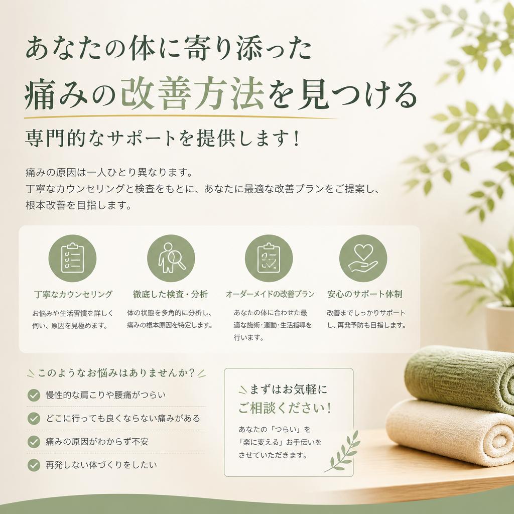 あなたの体に寄り添った痛みの改善方法を見つける、専門的なサポートを提供します！