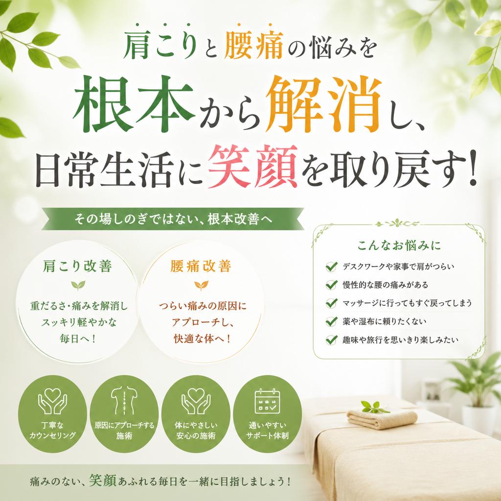江戸川区小岩の接骨院で肩こりと腰痛の悩みを根本から解消し、日常生活に笑顔を取り戻す！