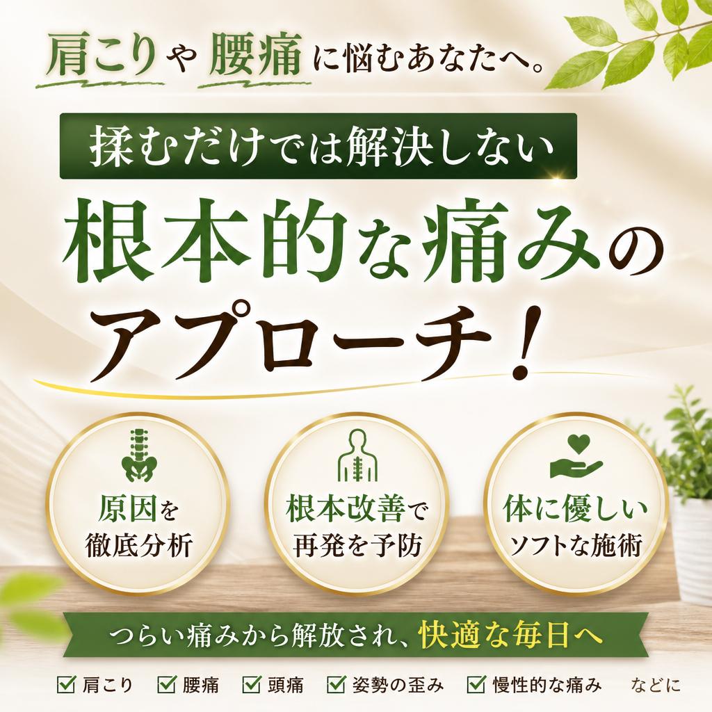 肩こりや腰痛に悩むあなたへ。揉むだけでは解決しない根本的な痛みのアプローチ！