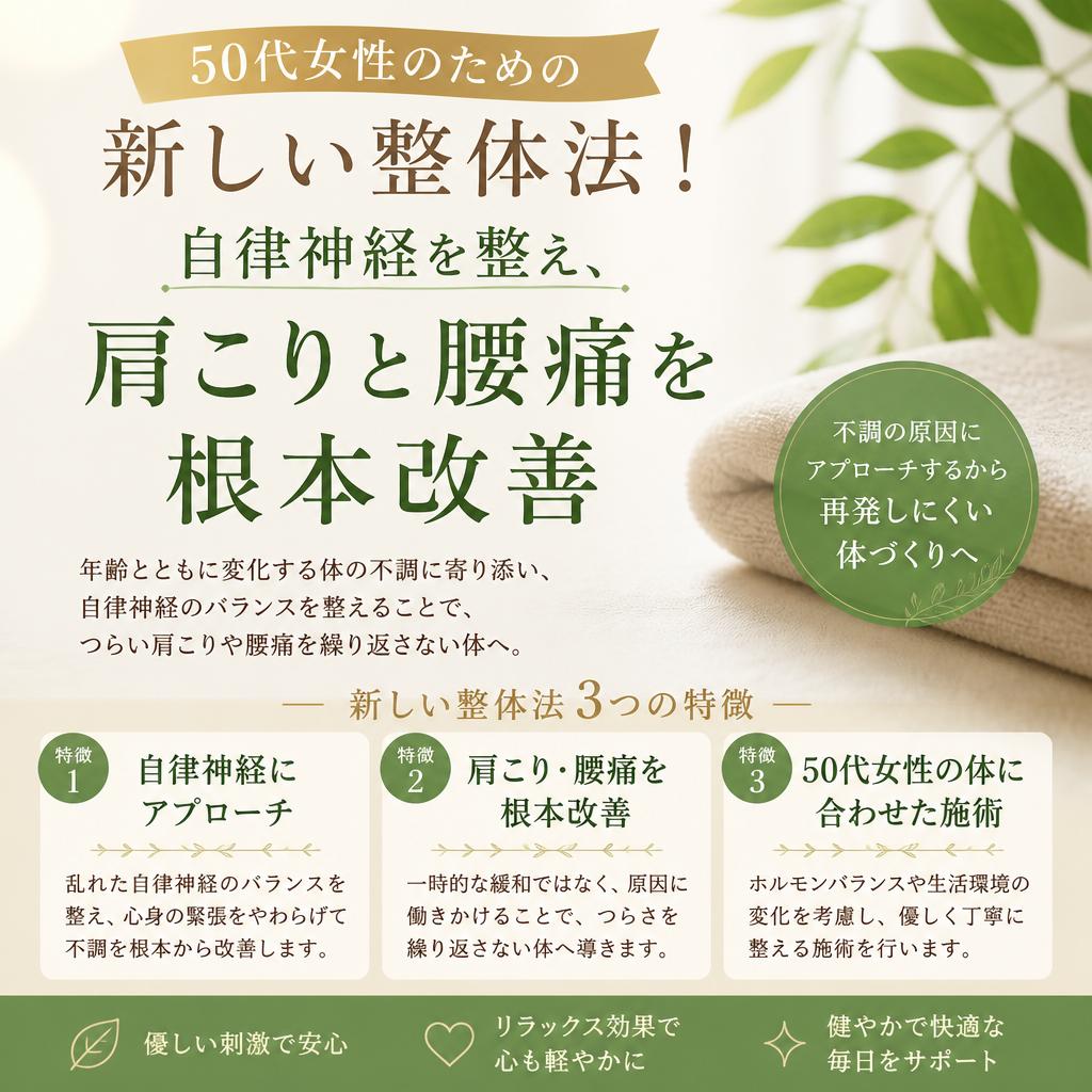 50代女性のための新しい整体法！自律神経を整え、肩こりと腰痛を根本改善