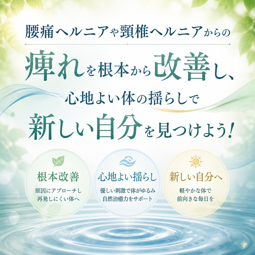 腰痛ヘルニアや頸椎ヘルニアからの痺れを根本から改善し、心地よい体の揺らしで新しい自分を見つけよう！
