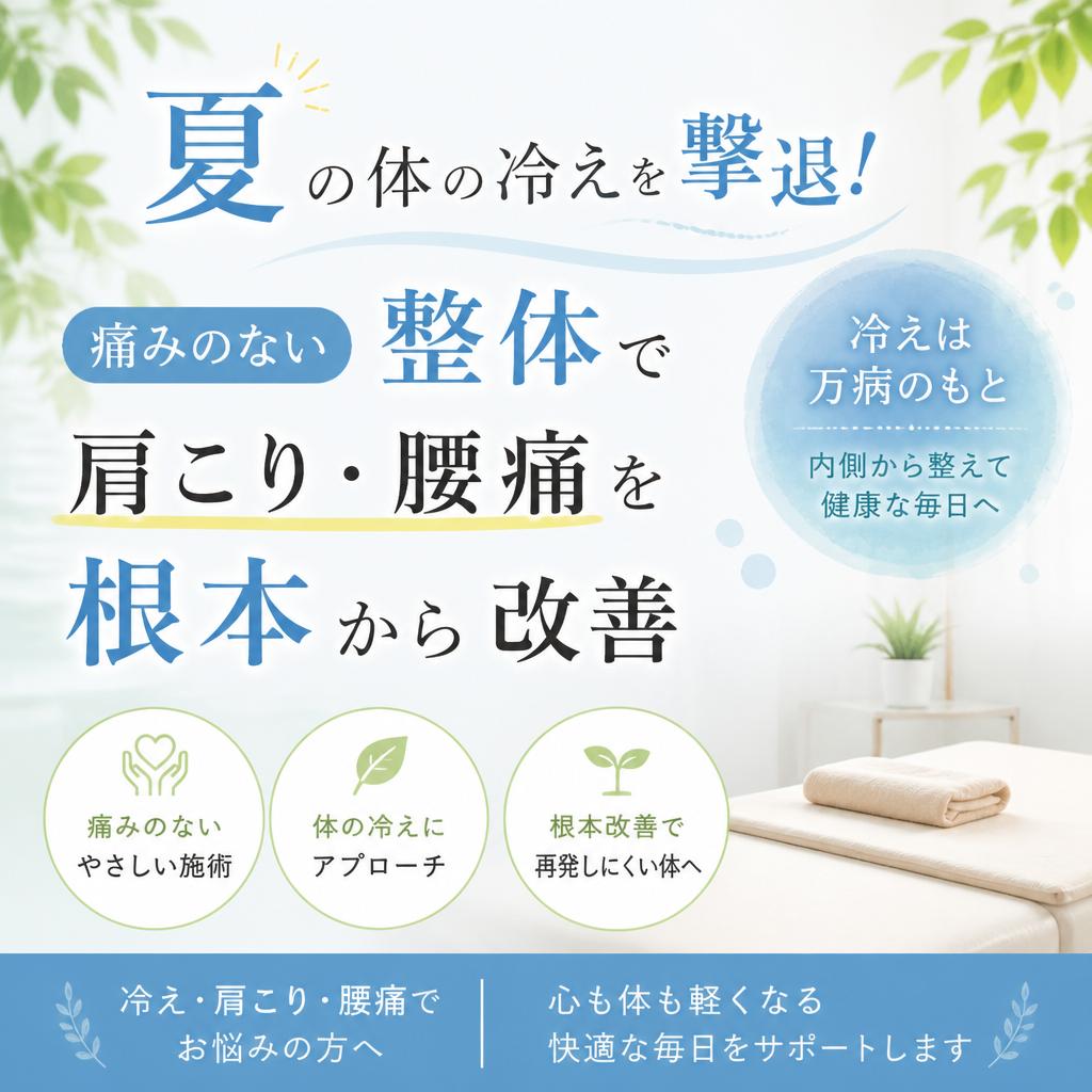 夏の体の冷えを撃退！江戸川区小岩の痛みのない整体で肩こり・腰痛を根本から改善
