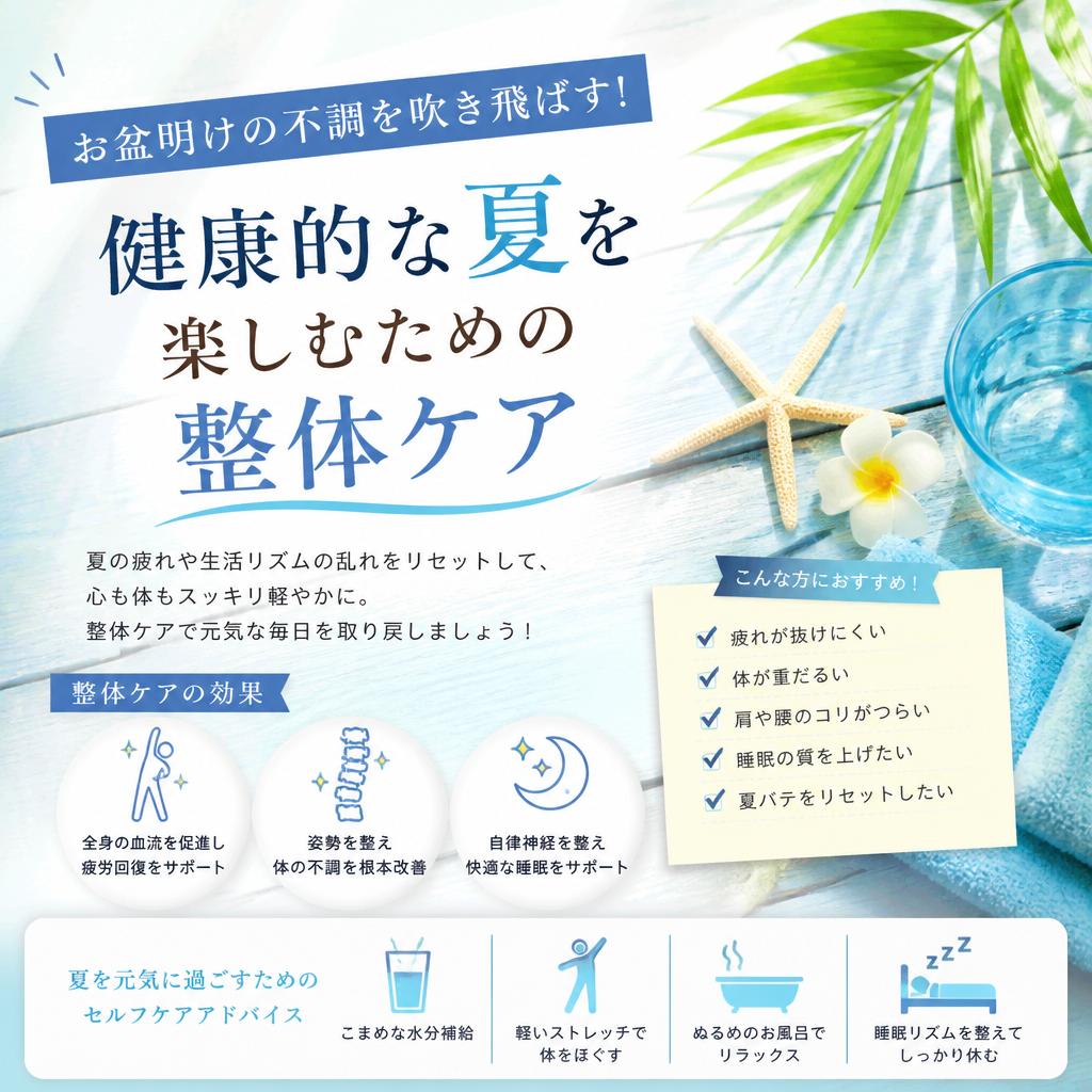 お盆明けの不調を吹き飛ばす！健康的な夏を楽しむための整体ケア